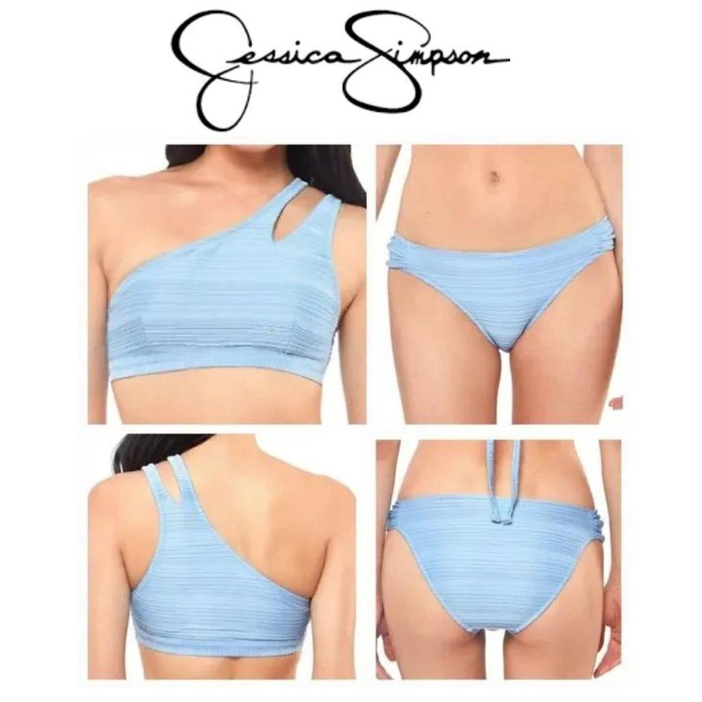 Jessica Simpson Women's Blue one shoulder textured shirred 2 piece bikin…